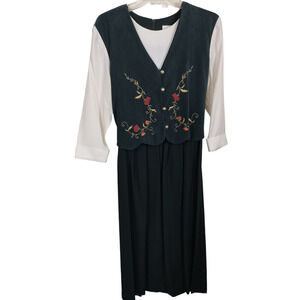 3398)Vtg 80s Miss Dorby Green White Attached Embroidery Vest 3/4 Sleeve Dress 12